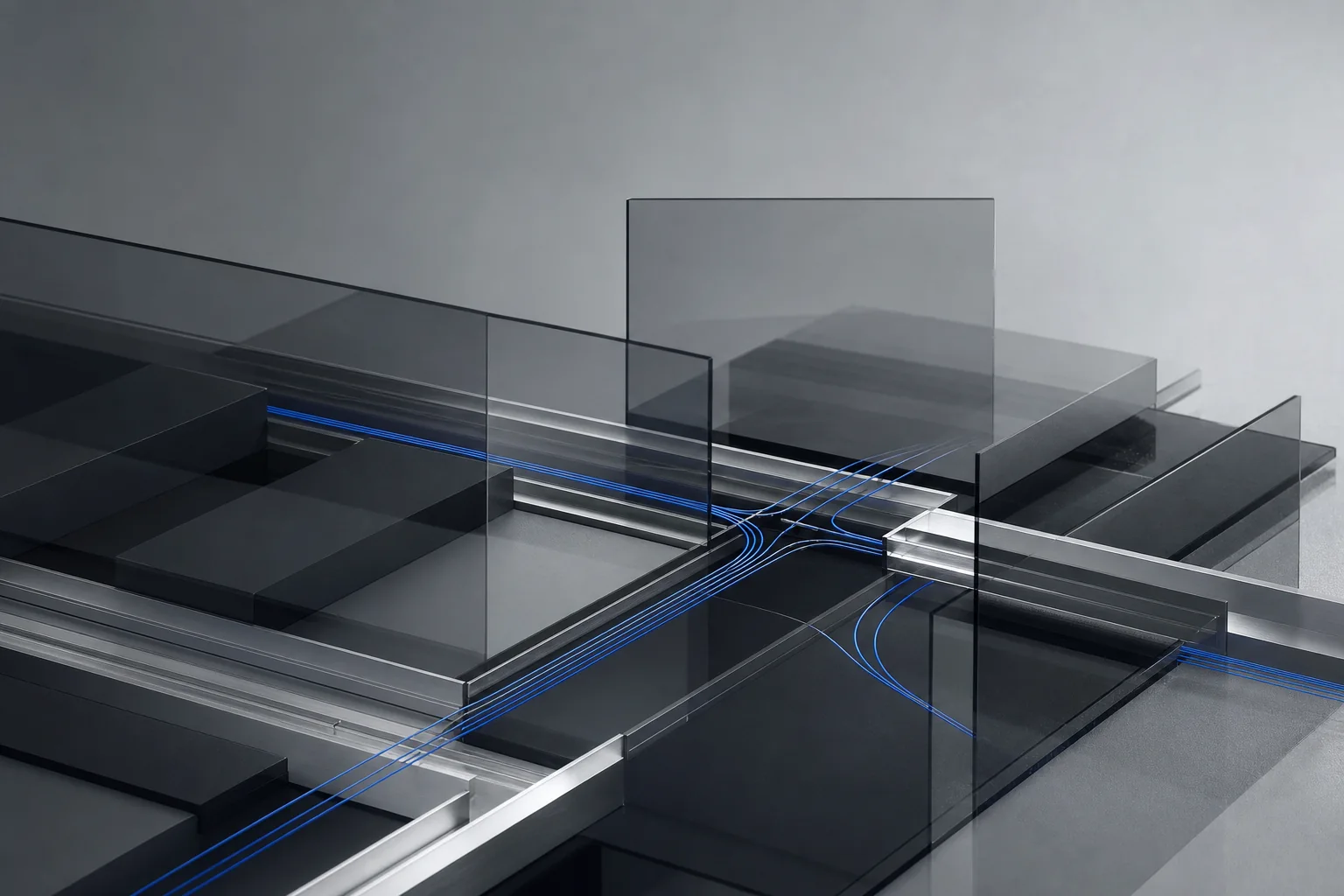 Architectural layers connected by controlled blue signal paths
